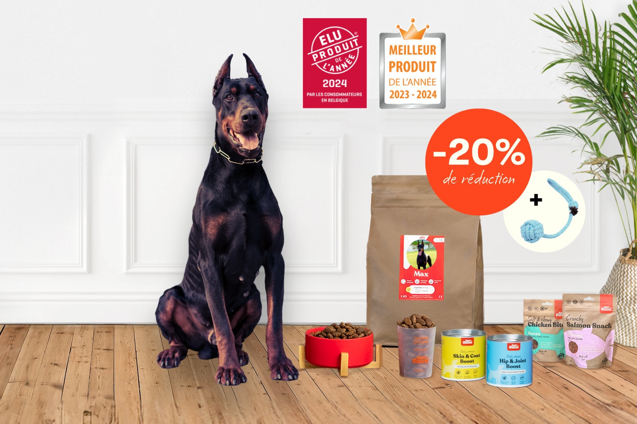 Un chien se tient à côté d'une gamme de produits Just Russel pour présenter une offre de réduction