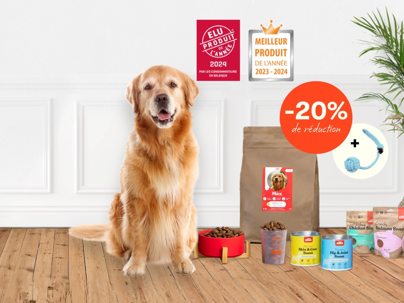 Un chien se tient à côté d'une gamme de produits Just Russel pour présenter une offre de réduction