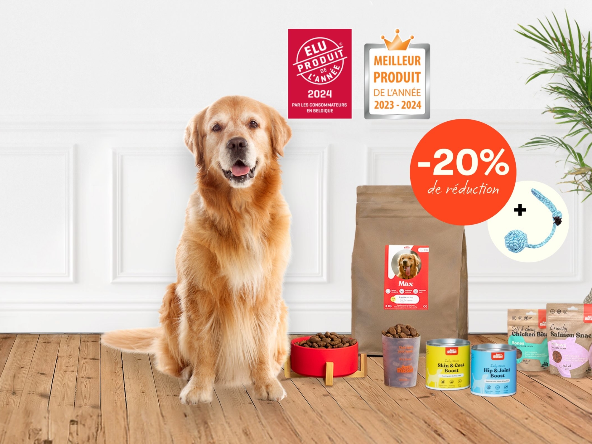 Un chien se tient à côté d'une gamme de produits Just Russel pour présenter une offre de réduction