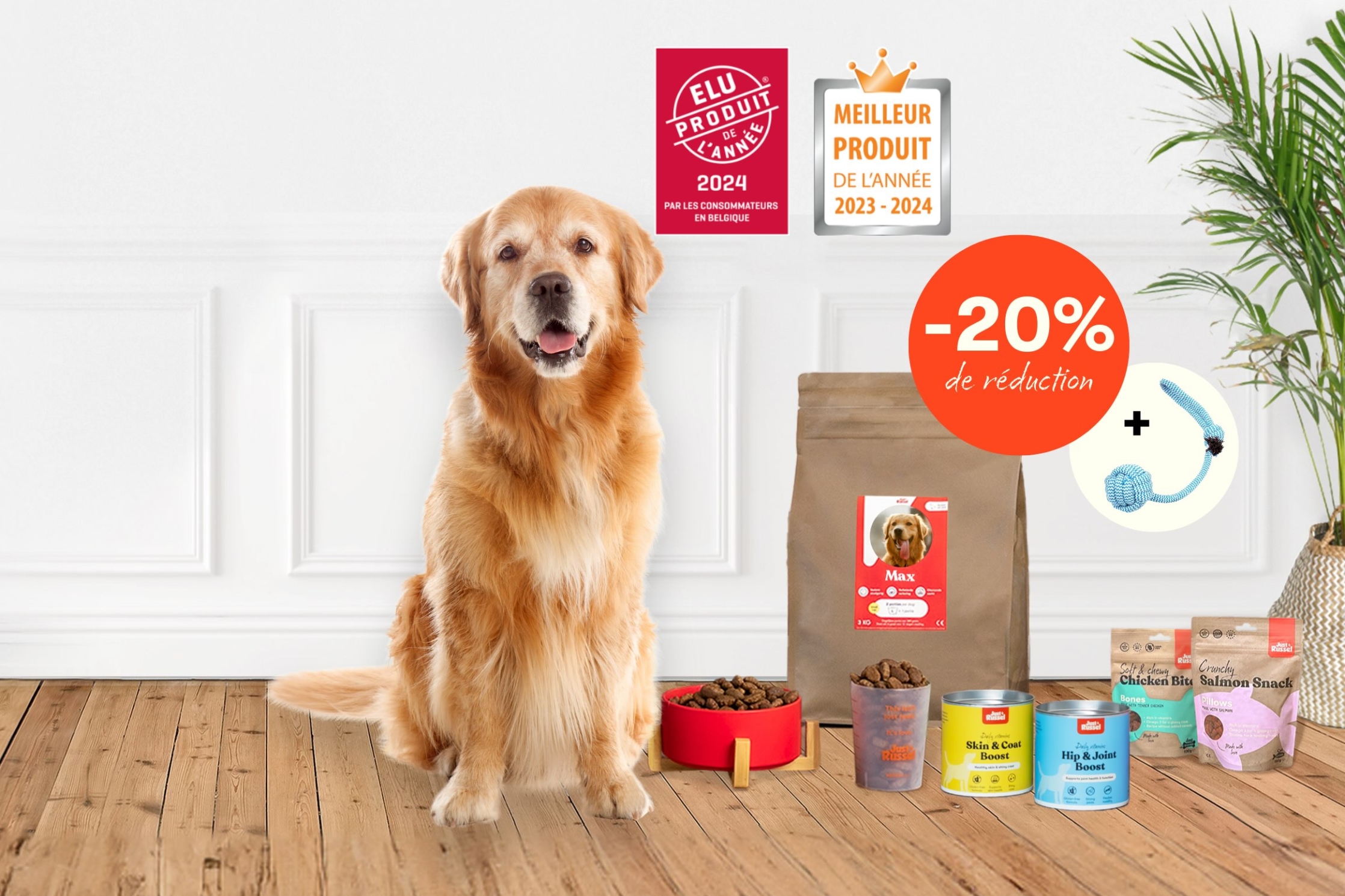 Un chien se tient à côté d'une gamme de produits Just Russel pour présenter une offre de réduction