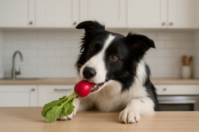 Border Collie qui mange du radis