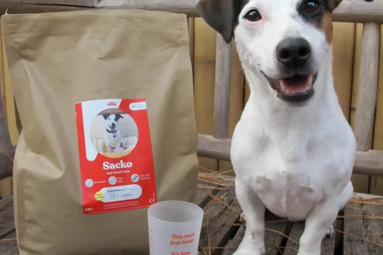 Jack Russell avec son sac de croquettes