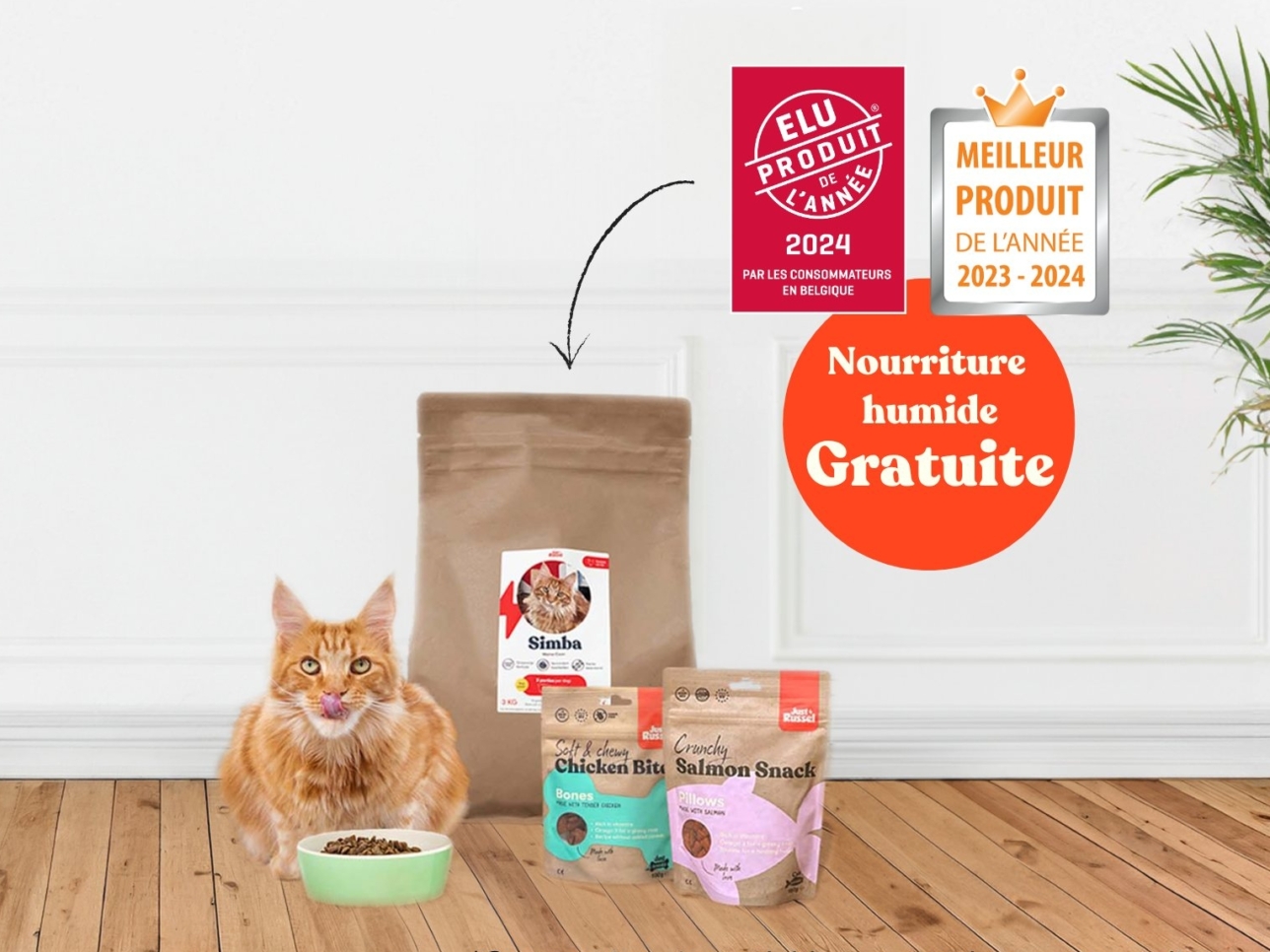 Un chat se tiennent à côté d'une gamme de produits Just Russel pour présenter une offre de réduction