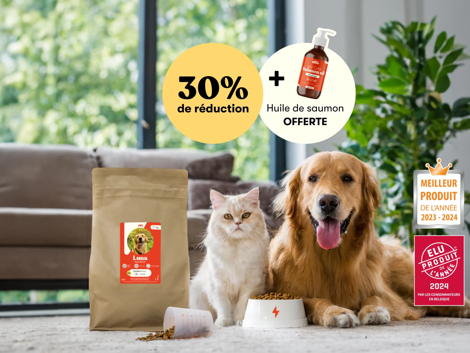 Un chien et un chat sont côte à côte devant un bol de croquettes Just Russel