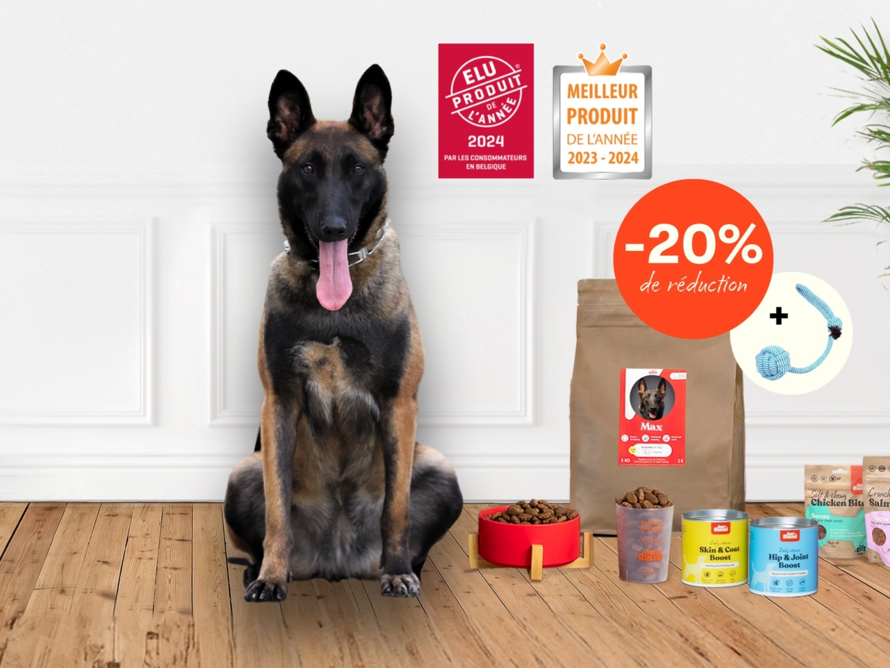 Un chien se tient à côté d'une gamme de produits Just Russel pour présenter une offre de réduction