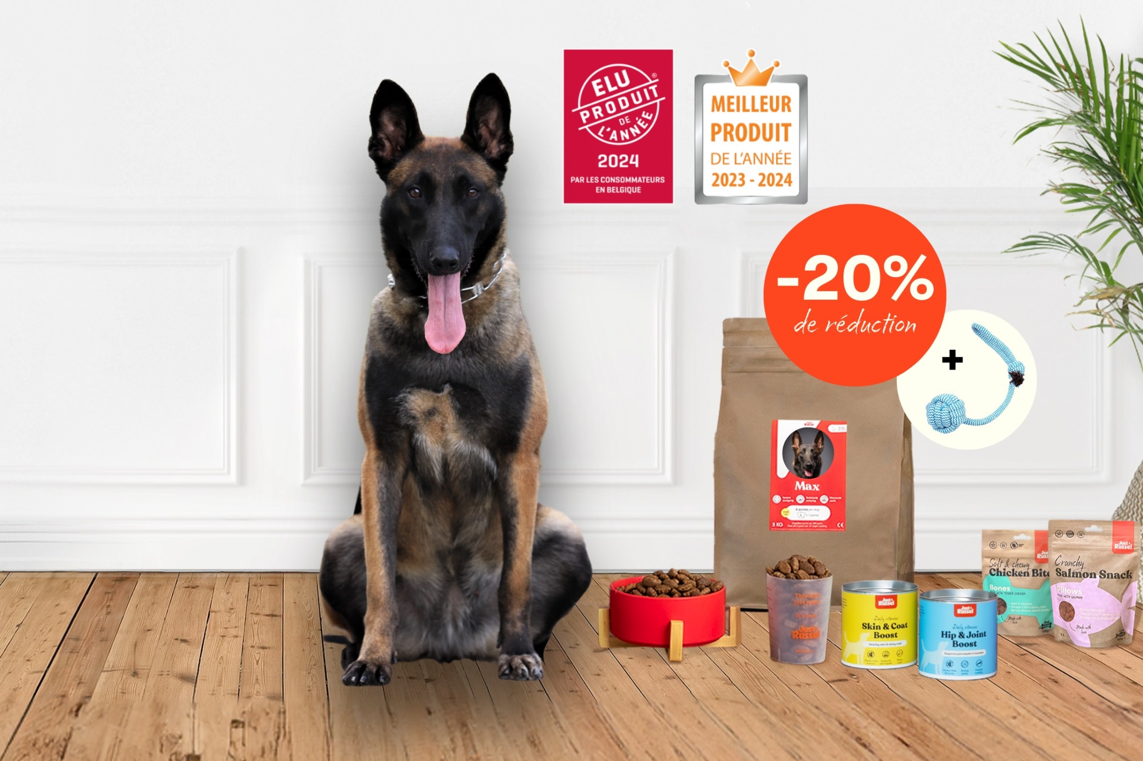 Un chien se tient à côté d'une gamme de produits Just Russel pour présenter une offre de réduction