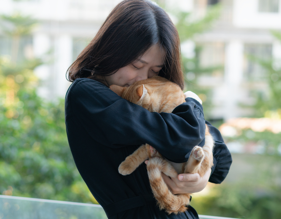 Une femme faisant un câlin à un chat