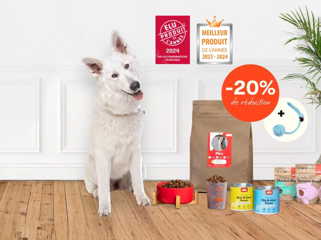 Un chien se tient à côté d'une gamme de produits Just Russel pour présenter une offre de réduction