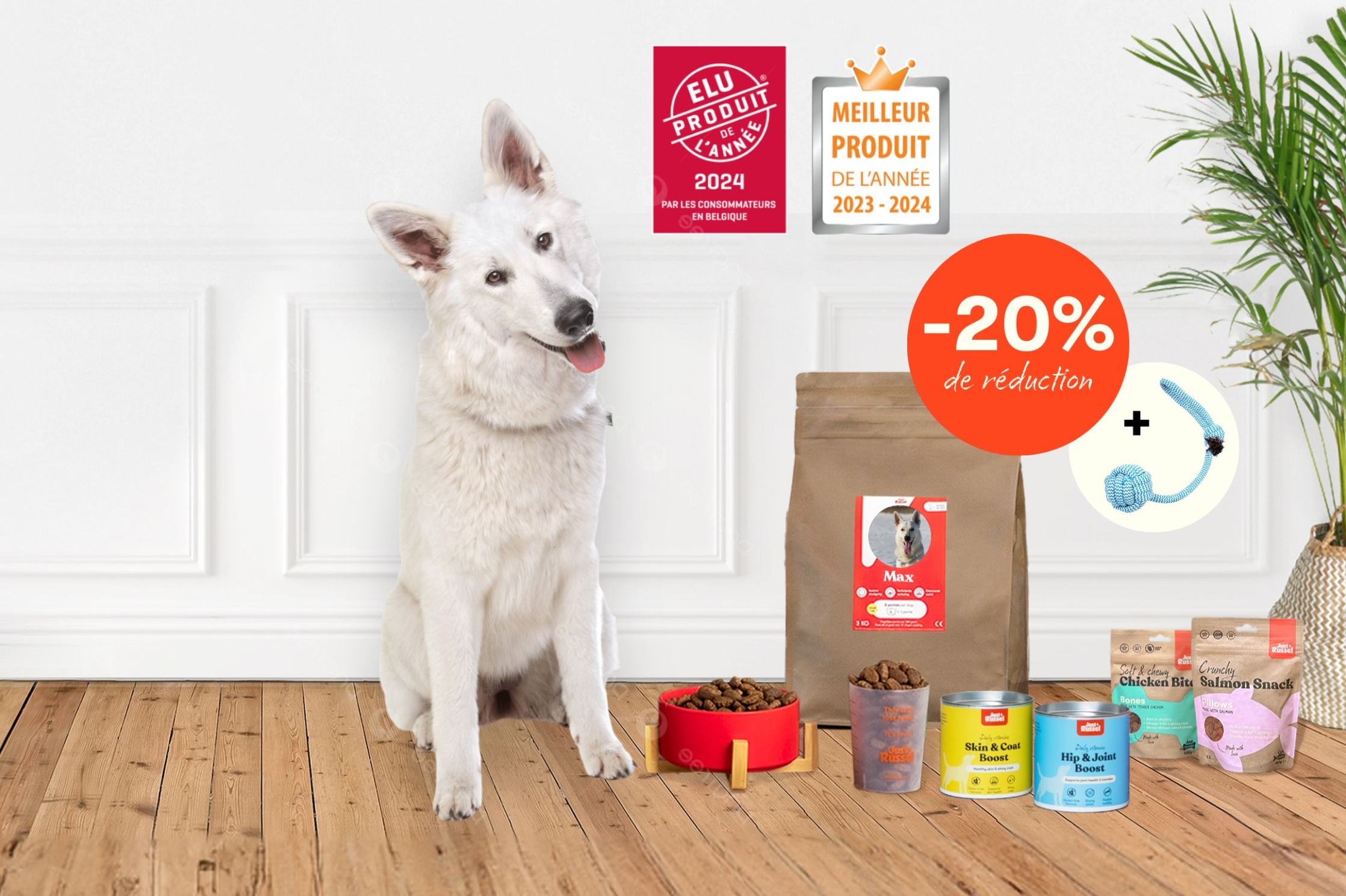 Un chien se tient à côté d'une gamme de produits Just Russel pour présenter une offre de réduction
