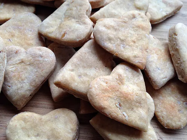 Biscuits maison pour chien en forme de cœur et de carré, dorés et croustillants, disposés sur une planche en bois.