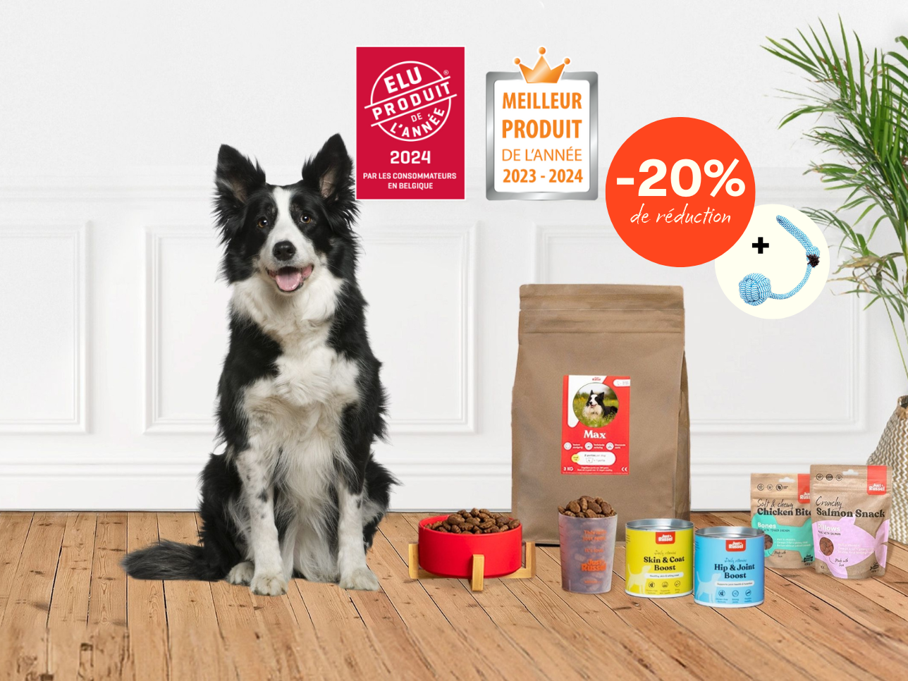 Un chien se tient à côté d'une gamme de produits Just Russel pour présenter une offre de réduction